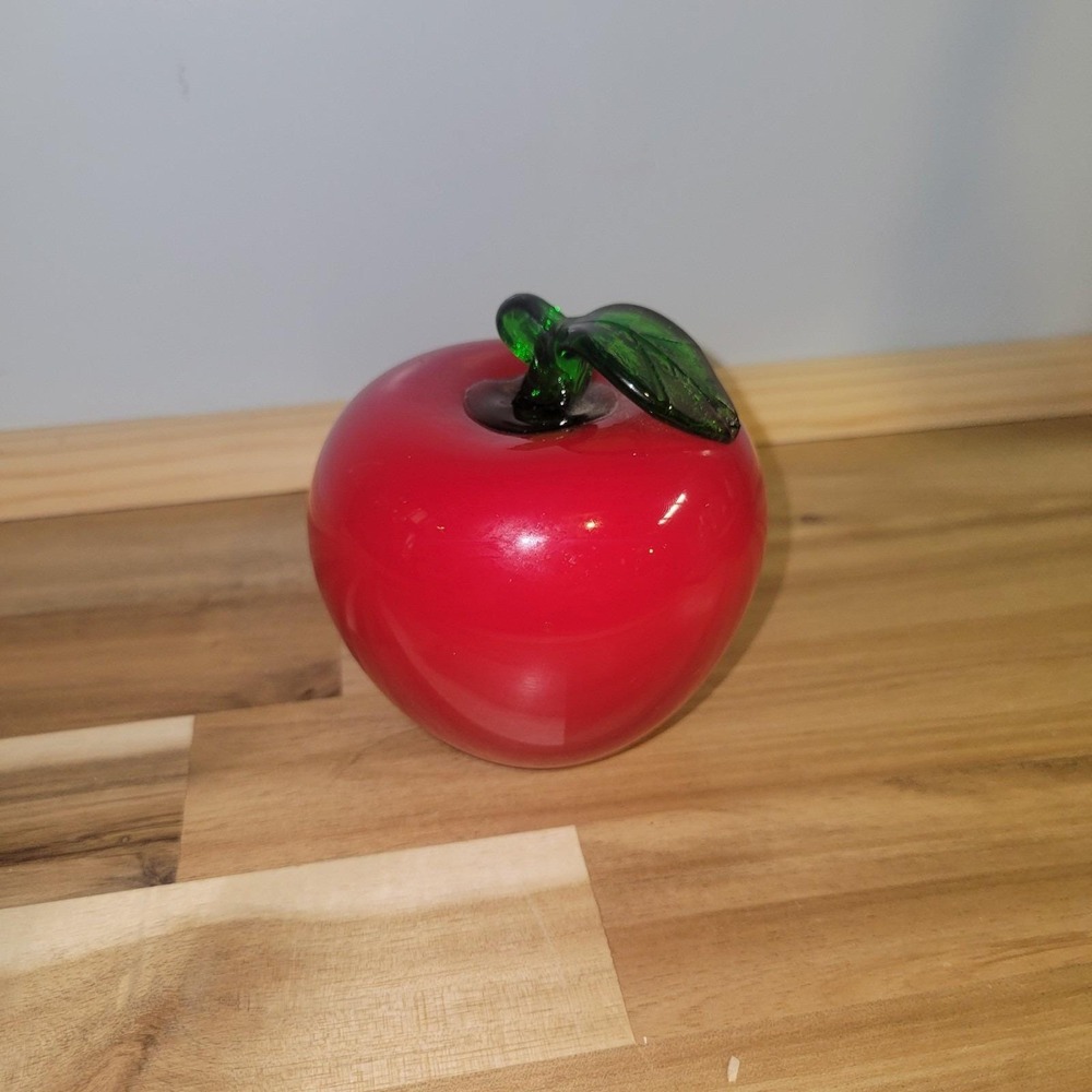 Red Art Glass Apple Paperweight Green Stem Leaf Hand Blown Decorative Fruit